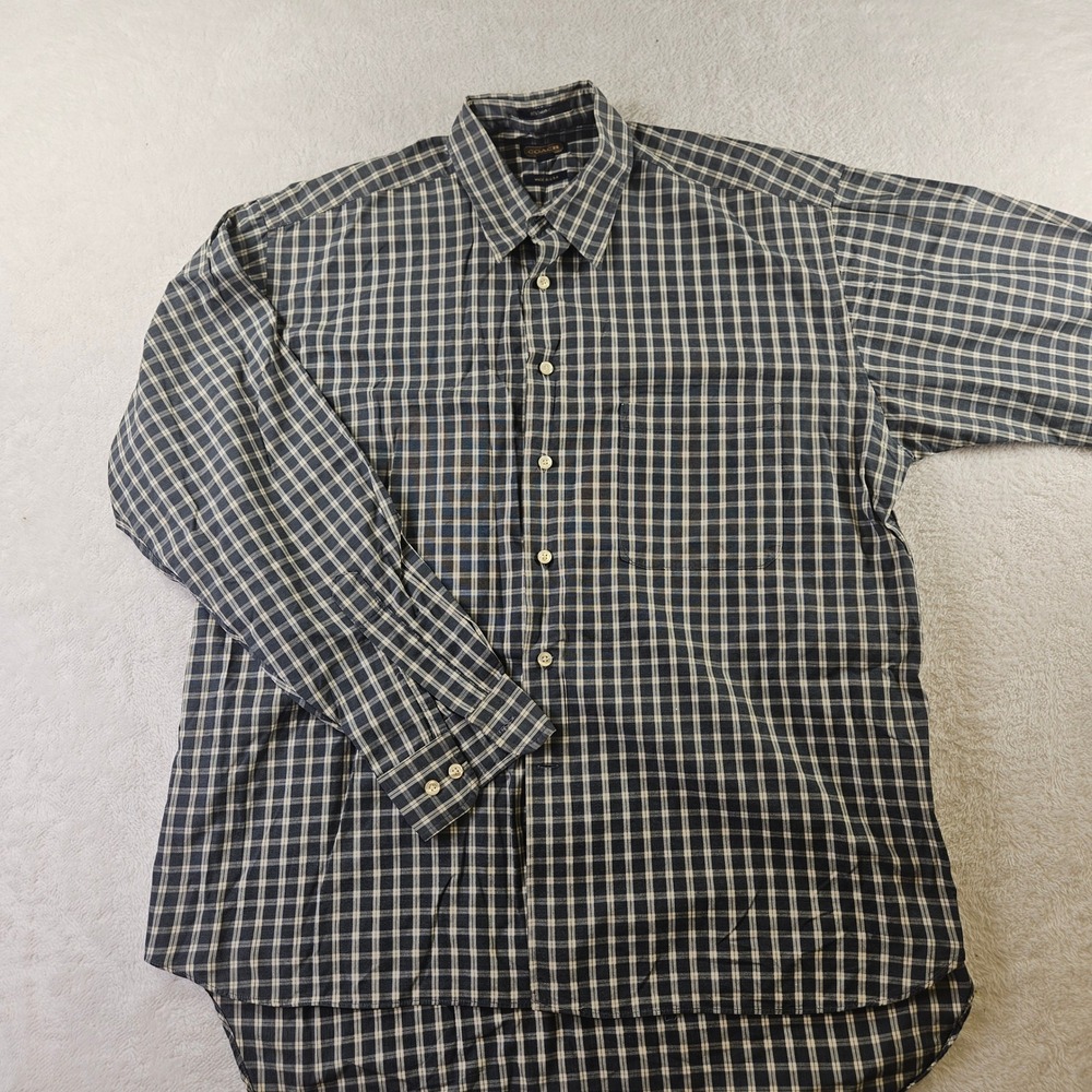 Coach Mens Plaid Button Down Shirt Navy Blue Tan L 80s Two-Ply Cotton USA Made